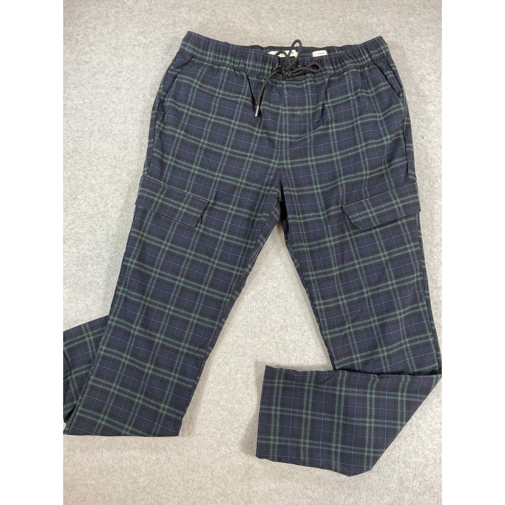 PacSun Mens Plaid Cargo Pants Green Navy Blue Elastic Waist Drawstring L 2705